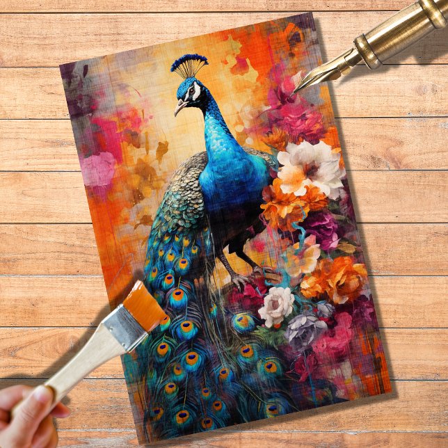 Seda Peacock en papel desconchador de flores (Subido por el creador)