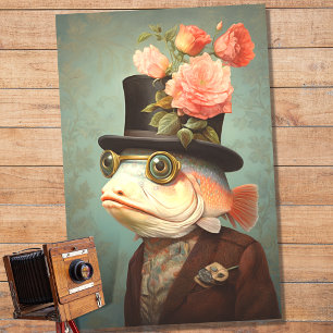 Seda Retrato de pescado en traje y Gorra 2 Papel descon