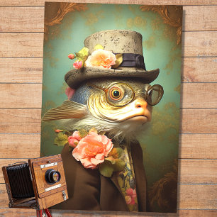 Seda Retrato de pescado en traje y Gorra 3 Papel descon