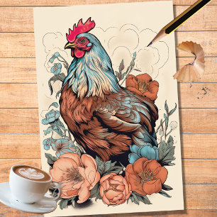 Seda Retrato de pollo en las flores 6 Papel de color