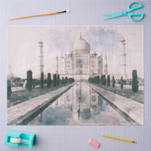 Seda Serene Watercolor Taj Mahal Papel de tejidos de In