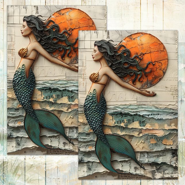 SEDA SIRENA EN PAPEL DE DECUPAGE DE MEDIOS MIXTOS (MERMAID IN MIXED MEDIA DECOUPAGE TISSUE PAPER)