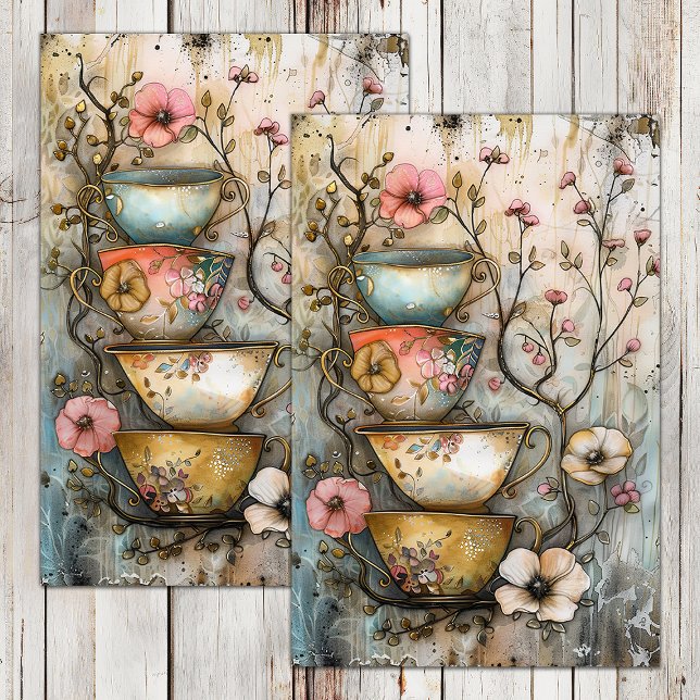 SEDA TASAS DE TÉ APILADAS PAPEL DECOUPAGE (STACKED TEA CUPS DECOUPAGE TISSUE PAPER)