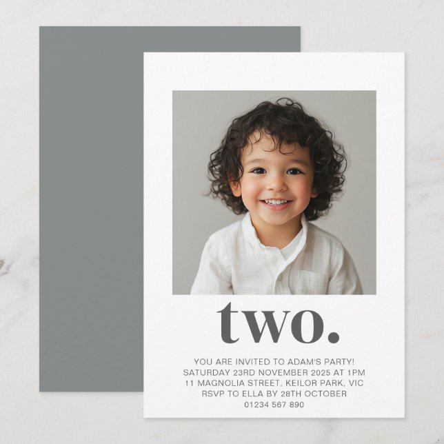 Segunda invitación para foto de cumpleaños en gris (Anverso / Reverso)