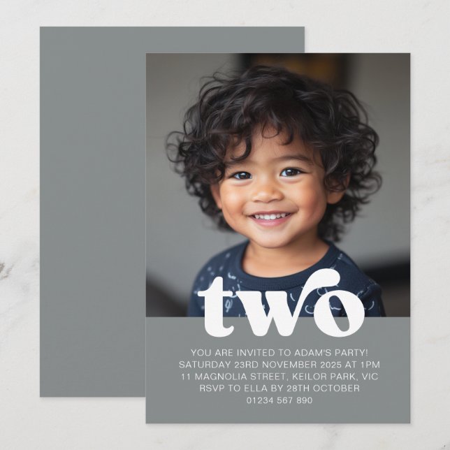 Segunda invitación para foto de cumpleaños en gris (Anverso / Reverso)