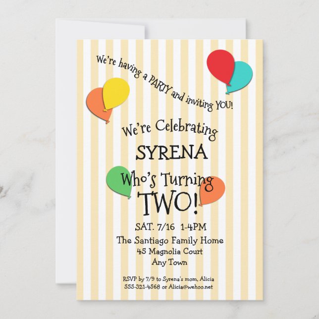 Segundo cumpleaños Fiesta agrega invitación a glob (Anverso)