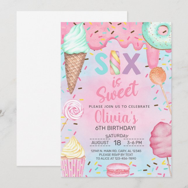Seis es tan dulce chica 6ª invitación de cumpleaño (Anverso / Reverso)