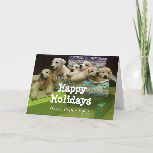 Seis perritos se sientan en cajas de navidad (Anverso)
