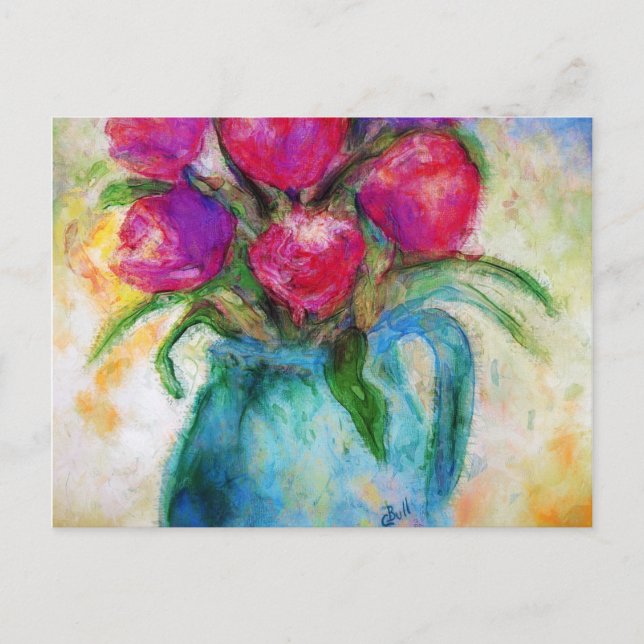 Seis tulipanes en jarrón azul, arte floral, postal (Anverso)