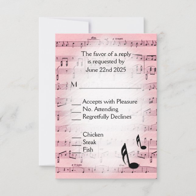 Selección de menú RSVP rosa de música de hoja (Anverso)
