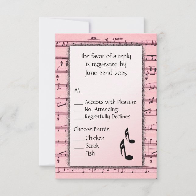 Selección de menú RSVP rosa de música de hoja (Anverso)