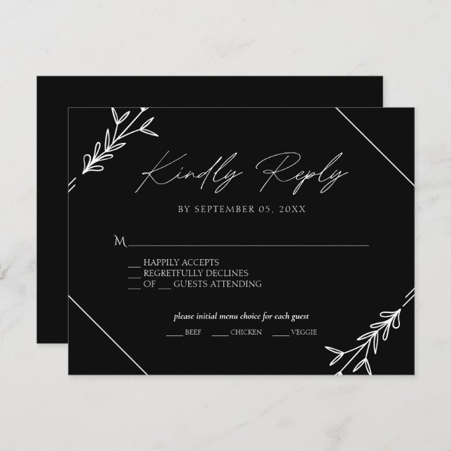 Selección mínima de menú Boda blanco y negro RSVP (Anverso / Reverso)