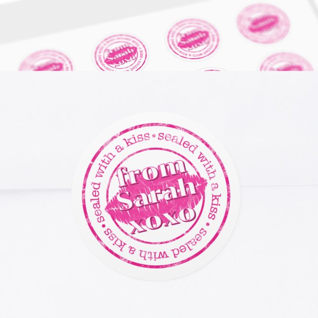 Sellado con un Sello para sobres de los labios ros (Sealed with a kiss stickers - just add your name)