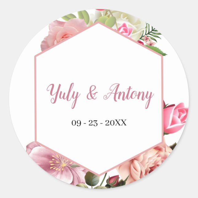Sello adhesivo floral hexagonal rosa chic (Anverso)