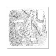 さなさにじ 薄暗い水色の下り階段を手すりを持ってゆっくり歩いているワンピースの女性のイラスト