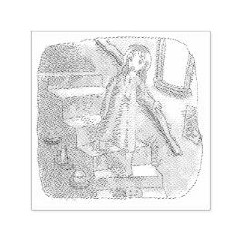 SELLO AUTOMÁTICO さなさにじ  薄暗い水色の下り階段を手すりを持ってゆっくり歩いているワンピースの女性のイラスト