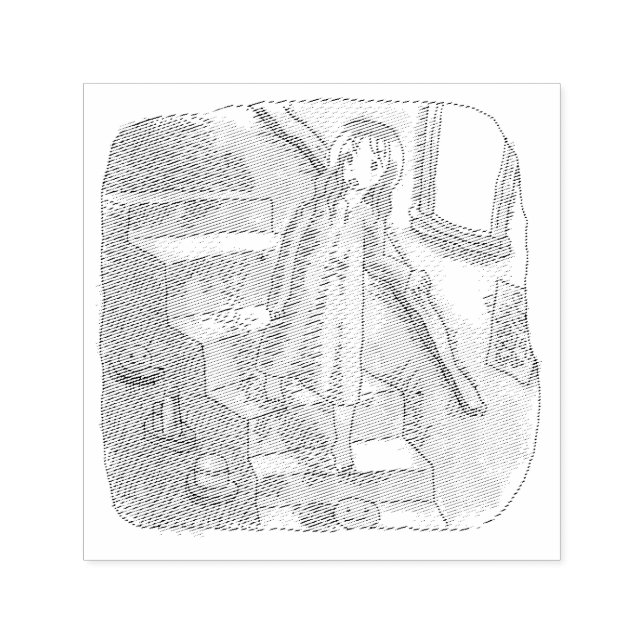 SELLO AUTOMÁTICO さなさにじ  薄暗い水色の下り階段を手すりを持ってゆっくり歩いているワンピースの女性のイラスト (Diseño)