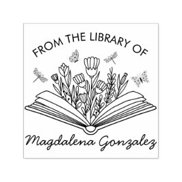 Sello Automático Abrir flores de libros libera libélulas de la bibl