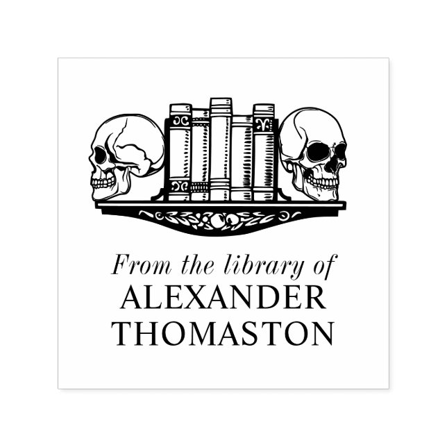 Sello Automático Adornos de cráneo gótico en una estantería de bibl (Diseño)