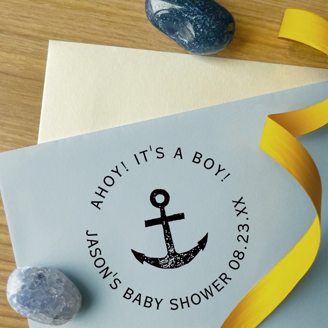 Sello Automático ¡Ahoy! Anchor Nautical Blue Round Baby Shower (Subido por el creador)