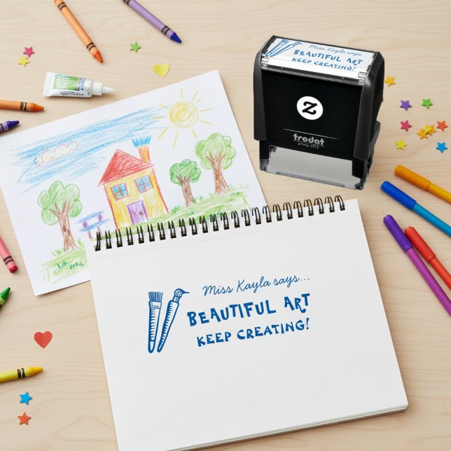 Sello Automático Art Teacher Beautiful Keep Creating Praise Stamp (Fun supportive praise stamp for teachers. School supplies for an art teacher!)