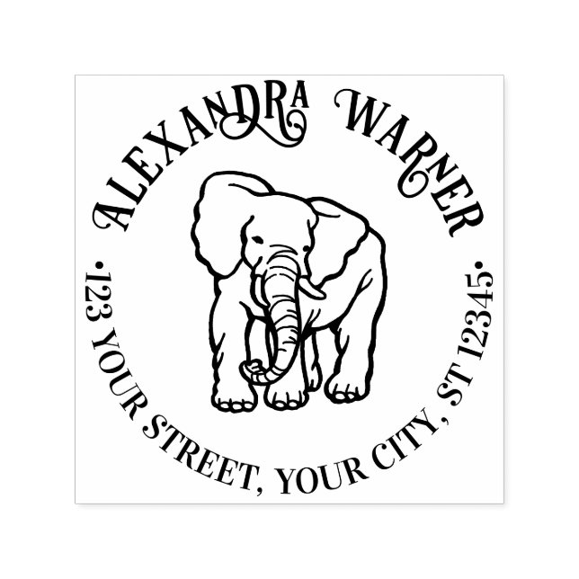 Sello Automático Arte de línea de elefante redondo nombre dirección (Diseño)