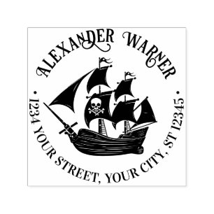 Sello Automático Barco Pirata Calavera Huesos Cruzados Nombre Direc