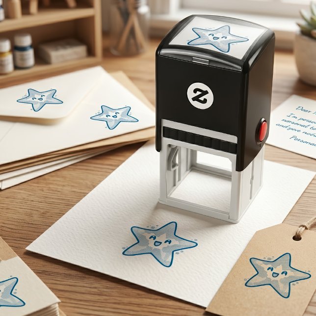 Sello Automático Bebé Estrella de Mar Sonriente y Kawaii con Burbuj (Cute Smiling Kawaii Baby Starfish with Bubbles. Self-inking Stamp)