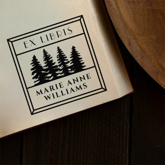 Sello Automático Biblioteca Retro Vintage Pine Trees Ex Libris