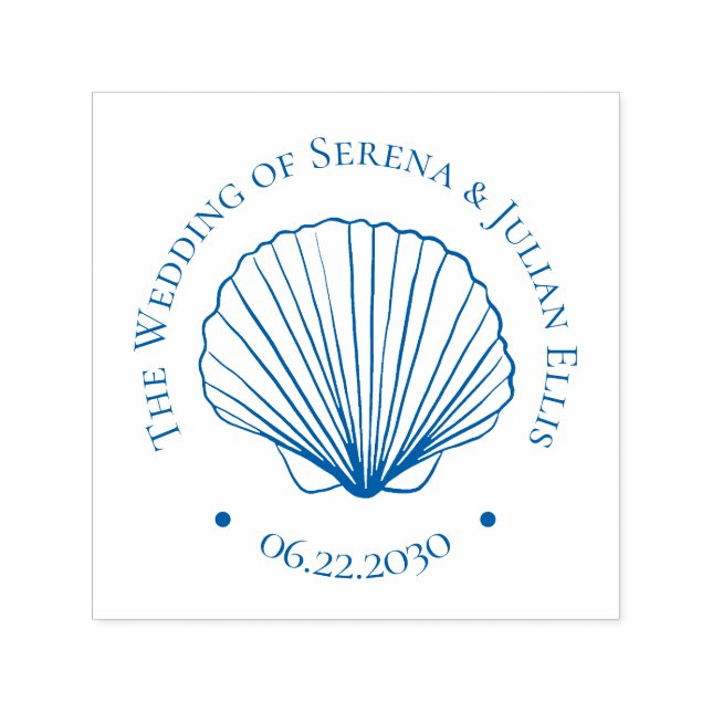 Sello Automático Blue Coastal Elegant Seashell Wedding Monogram (Diseño)