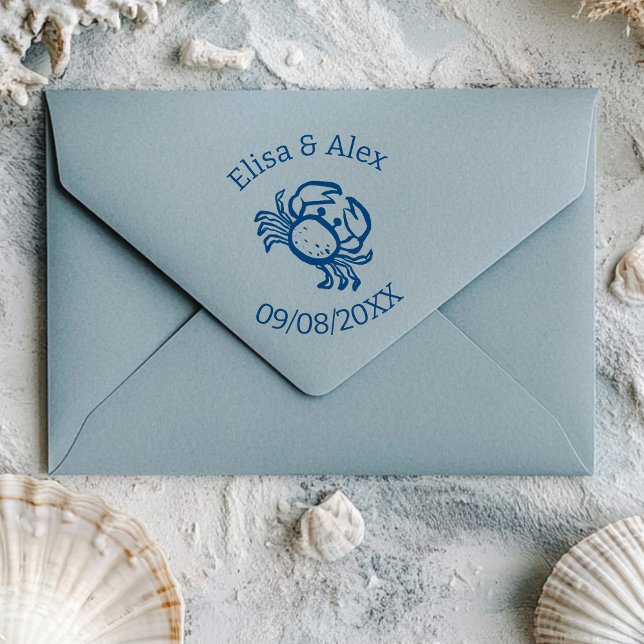 Sello Automático Boda en la playa de conchas Cangrejo lindo PERSONA (Seashell Beach Wedding Cute CRAB CUSTOM Self-inking Stamp
)