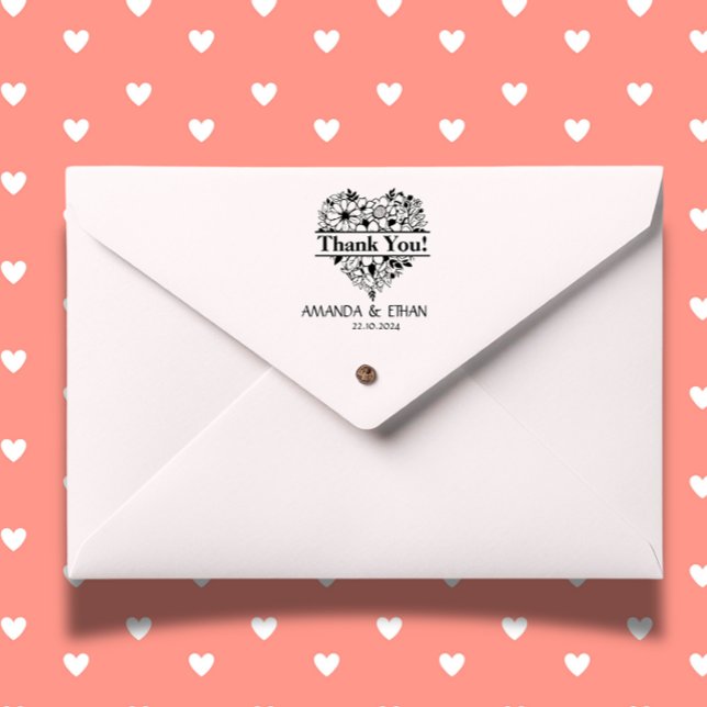 Sello Automático Boda Gracias Flores Tema del corazón (Express heartfelt gratitude with our Wedding Thank You Flowers Heart Theme self-inking stamp. )