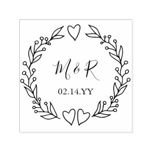 Sello Automático Boda Monograma Fecha Doodle Vela Botánica