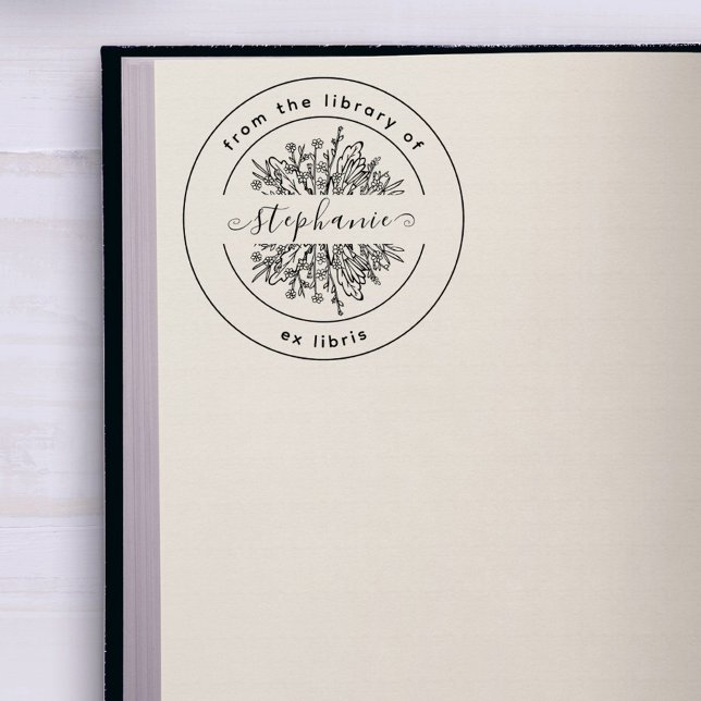 Sello Automático Botánica Rústica | De la Biblioteca | Libro Person (Whimsical Handwritten Name Rustic Wildflowers Round Ex Libris From The Library Of Book Stamp)