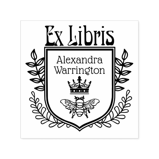 Sello Automático Botanical Crest Bee with Crown Ex Libris Book Name (Diseño)
