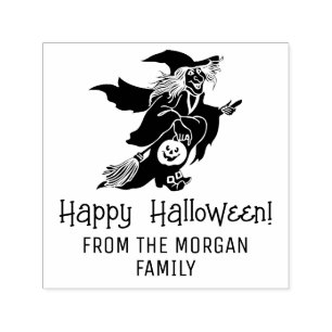 Sello Automático Bruja y silueta de calabaza Feliz Halloween nombre
