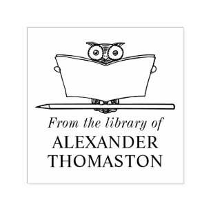 Sello Automático Búho Caprichoso Leyendo Libro Grande Nombre de la 