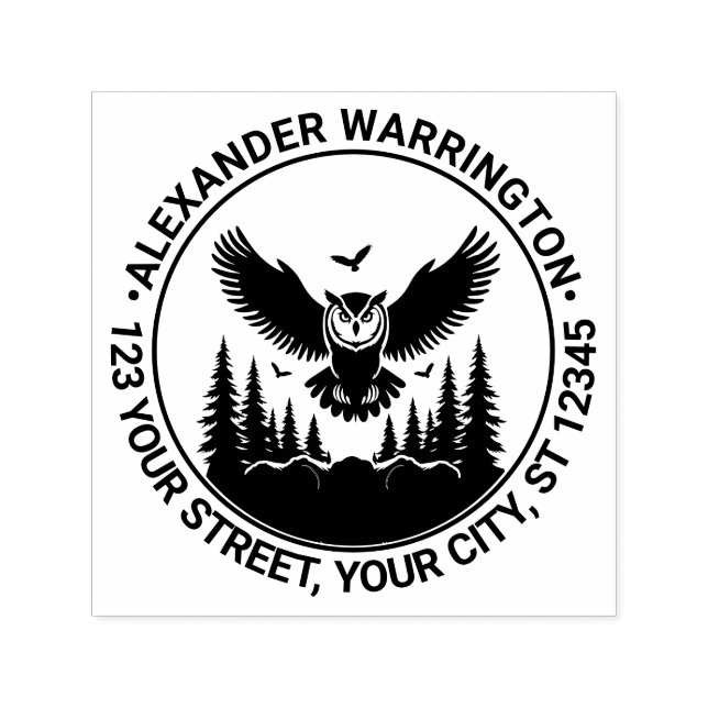 Sello Automático Búho volando vista frontal abetos nombre dirección (Diseño)