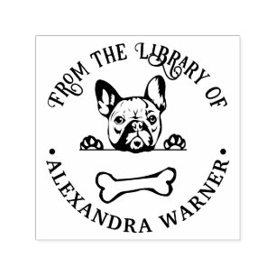 Sello Automático Bulldog Francés Perro Ojeando Hueso Nombre del Lib