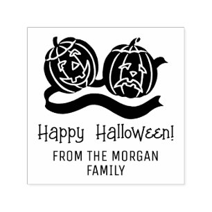 Sello Automático Calabazas sonrientes y ceñudas Feliz Halloween Nom