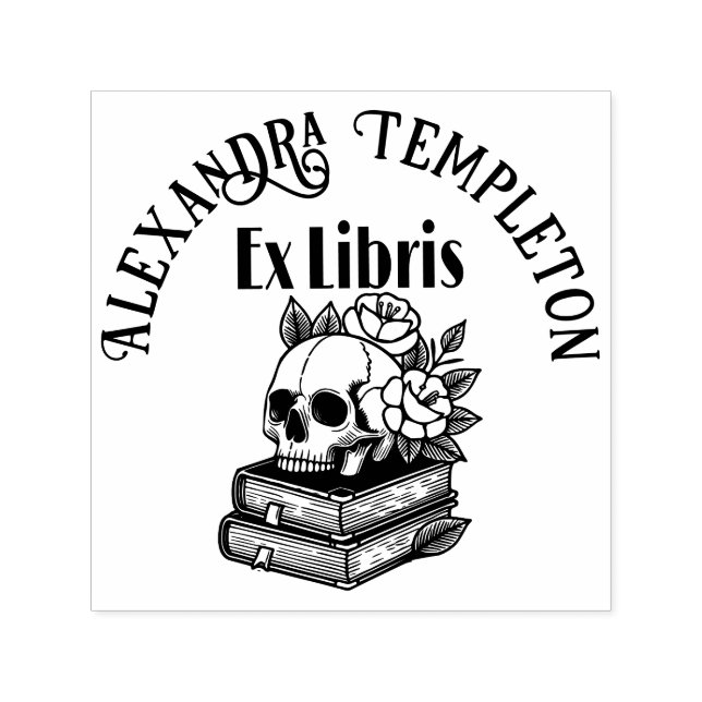 Sello Automático Calavera con Rosas en Libros #4PS con Nombre de Ex (Diseño)