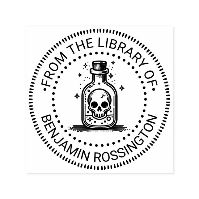 Sello Automático Calavera gótica en botella nombre del libro de la  (Diseño)