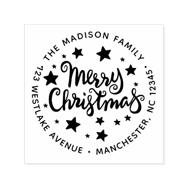 Sello Automático Caligrafía Feliz Navidad y estrellas Dirección (Diseño)