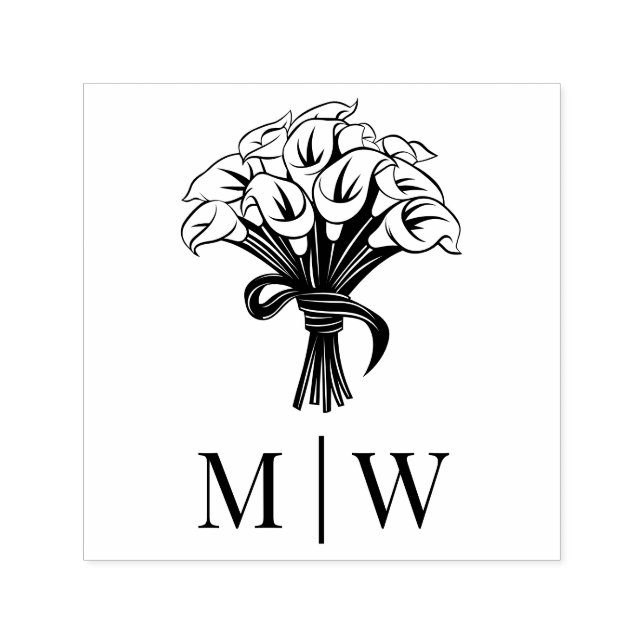 Sello Automático Calla Lilies Bouquet Bow Ribbon Parejas Iniciales (Diseño)