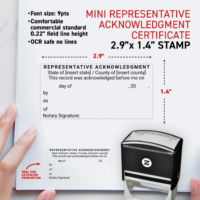Sello Automático Certificado de Reconocimiento de Representante Not (Short form universal notary acknowledgment in a representative capacity mini self-inking stamp)