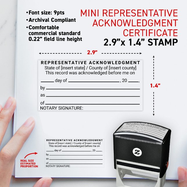 Sello Automático Certificado de Reconocimiento de Representante Not (Short form universal notary acknowledgment in a representative capacity mini self-inking stamp)