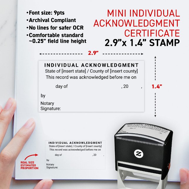 Sello Automático Certificado mini de Reconocimiento de Notario Indi (Simplified compliant form for Notary Individual Acknowledgement Certificate small 2.9x1.4" stamp)
