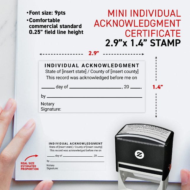 Sello Automático Certificado mini de Reconocimiento de Notario Indi (Simplified compliant form for Notary Individual Acknowledgement Certificate small 2.9x1.4" stamp)