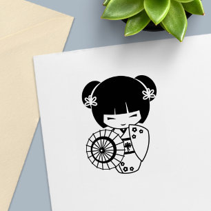 Sello Automático Chica asiática con paraguas en kimono para colorea