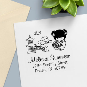 Sello Automático Chica asiática con paraguas en kimono se dirige